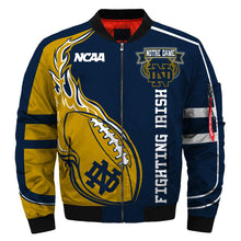 Load image into Gallery viewer, Notre Dame Fighting Irish NCAA Apparel Men/Women Zipper Bomber Jacket Navy/Yellow Full Plus Size Best Gift Printed Logo Team
