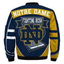 Load image into Gallery viewer, Notre Dame Fighting Irish NCAA Apparel Men/Women Zipper Bomber Jacket Navy/Yellow Full Plus Size Best Gift Printed Logo Team