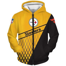 Load image into Gallery viewer, Pittsburgh Steelers NFL Apparel Unisex Long Sleeve Zipper 3D Hoodies With Hooded Black/Yellow Full Plus Size Best Gift Printed Logo Team