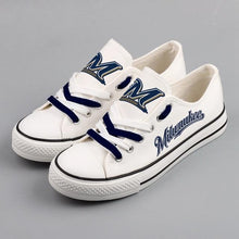 Load image into Gallery viewer, Milwaukee Brewers MLB Apparel Unisex Unique Design Letter In Night Luminous Canvas Shoes Blue/White/Black Full Plus Size Best Gift Printed Logo Team