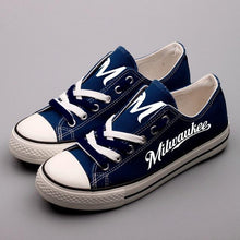 Load image into Gallery viewer, Milwaukee Brewers MLB Apparel Unisex Unique Design Letter In Night Luminous Canvas Shoes Blue/White/Black Full Plus Size Best Gift Printed Logo Team