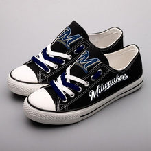 Load image into Gallery viewer, Milwaukee Brewers MLB Apparel Unisex Unique Design Letter In Night Luminous Canvas Shoes Blue/White/Black Full Plus Size Best Gift Printed Logo Team