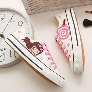 Anime Apparel Women Lace-Up Lovely Girls Pattern Canvas Shoes White/Pink Full Plus Size Best Gift Printed Logo Team