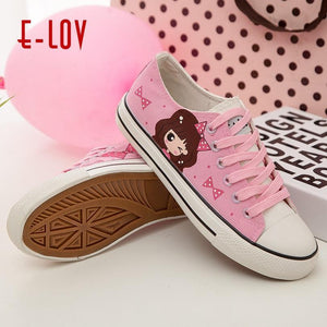 Anime Apparel Women Lace-Up Lovely Girls Pattern Canvas Shoes White/Pink Full Plus Size Best Gift Printed Logo Team